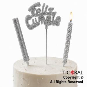 ADORNO DE TORTA SET FELIZ CUMPLE CON BENGALA Y VELA 9 CM GIBRE PLATA x 1